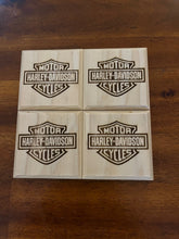 Load image into Gallery viewer, Set of 4 Engraved Harley Davidson Wood Drink Coasters with Bottle Opener