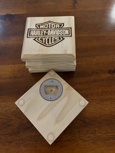 Load image into Gallery viewer, Set of 4 Engraved Harley Davidson Wood Drink Coasters with Bottle Opener