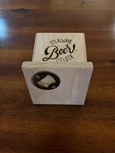 Load image into Gallery viewer, Set of 4 Engraved WhiteWood Drink Coasters with Bottle Opener