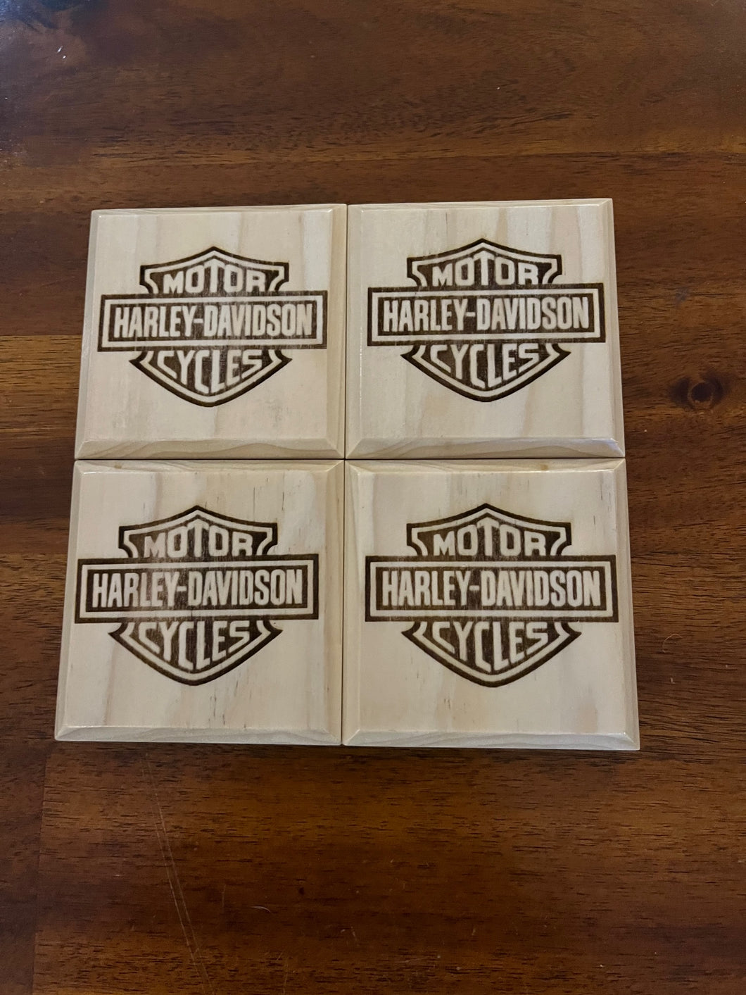 Set of 4 Engraved Harley Davidson Wood Drink Coasters with Bottle Opener
