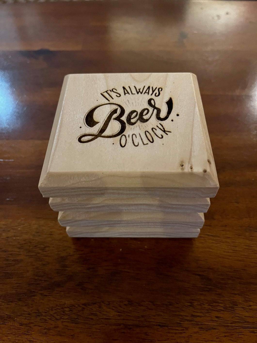 Set of 4 Engraved WhiteWood Drink Coasters with Bottle Opener