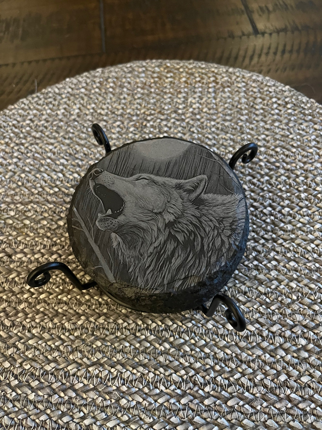 Laser Engraved Wolf Slate Drink Coasters