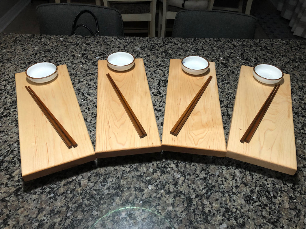Set of 4 Handcrafted Hard Maple Sushi Boards with Bowls & Chopsticks